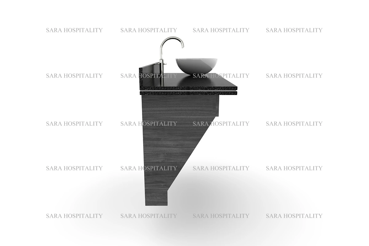 Architectural granite vanity deck showing a thick mitered edge and a wide, clear surface area to showcase a bowl-style sink