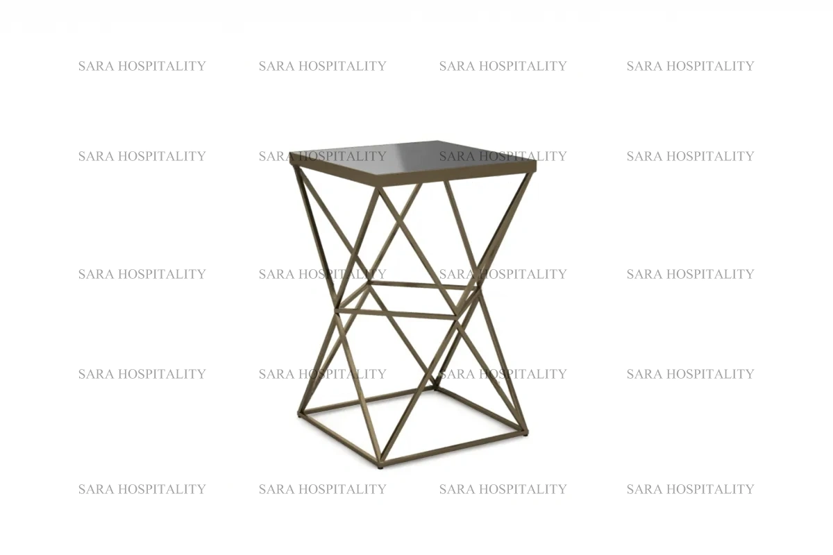 Modern geometric side table featuring an intricate open-frame base and a clean-lined, minimalist tabletop