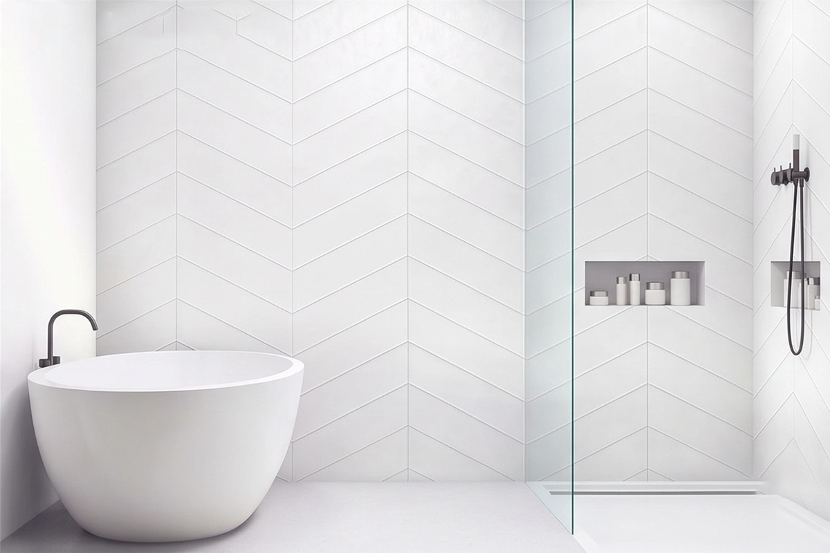 Contemporary open-concept surround unit with sturdy monolithic panels that provide an expansive, splash-proof backdrop for walk-in wet rooms