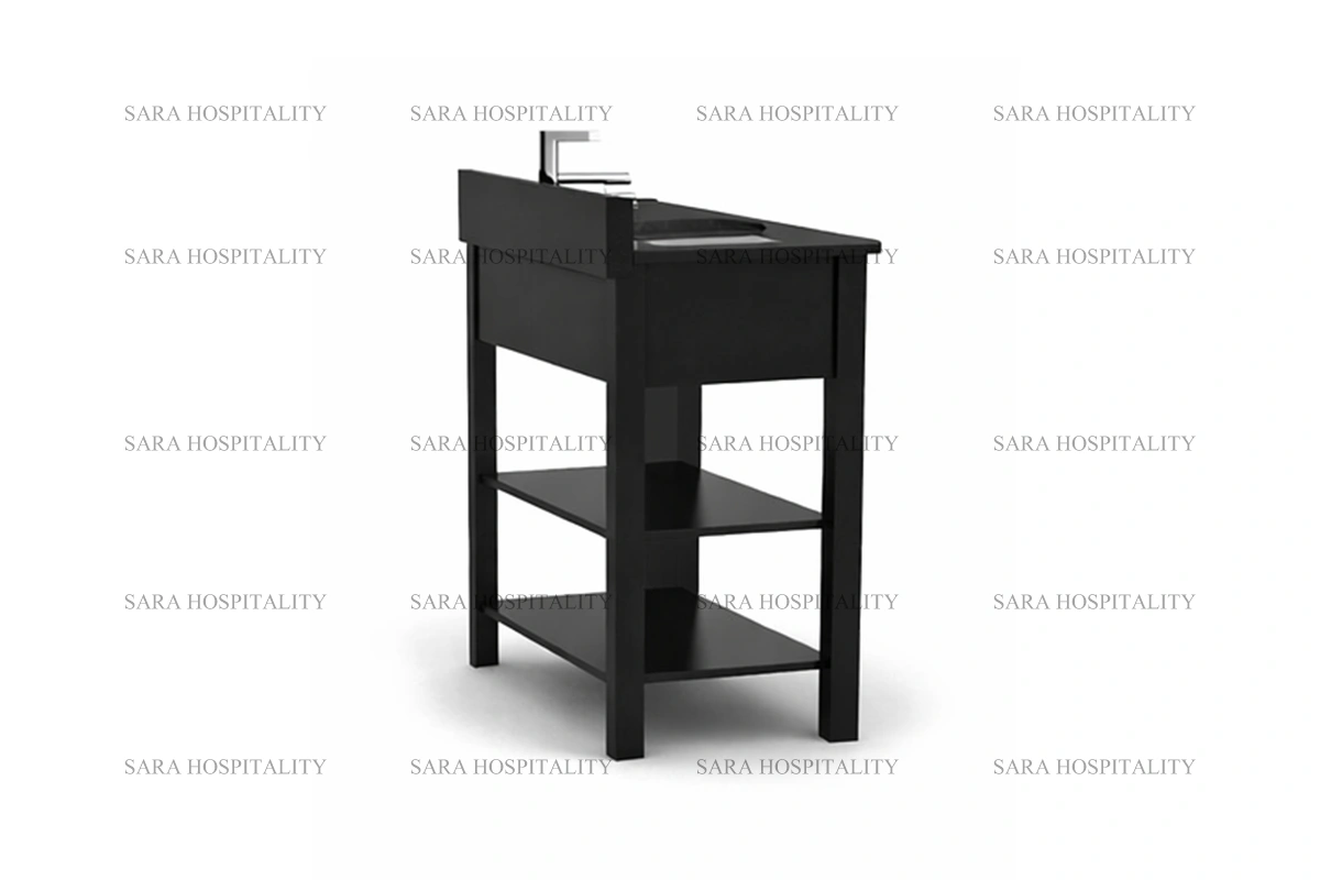 Contemporary straight edge vanity base designed for minimalist boutique hotel suites