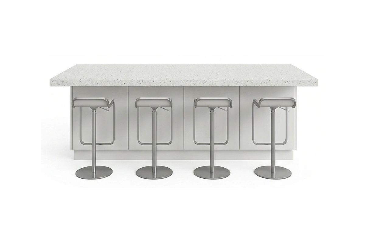 Minimalist multi-tier counter featuring contrasting material planes and a uniform, high-quality finish designed to optimize kitchen functionality