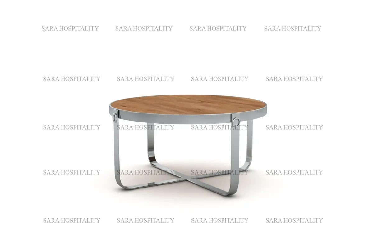 Modern round coffee table featuring a spacious circular top and a low-profile, architectural base