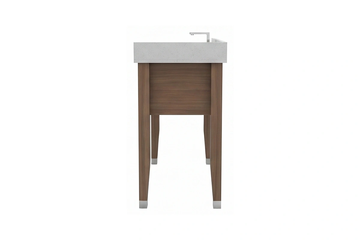 Minimalist slim-profile vanity station offering a crisp, narrow counter surface to optimize tight walkways