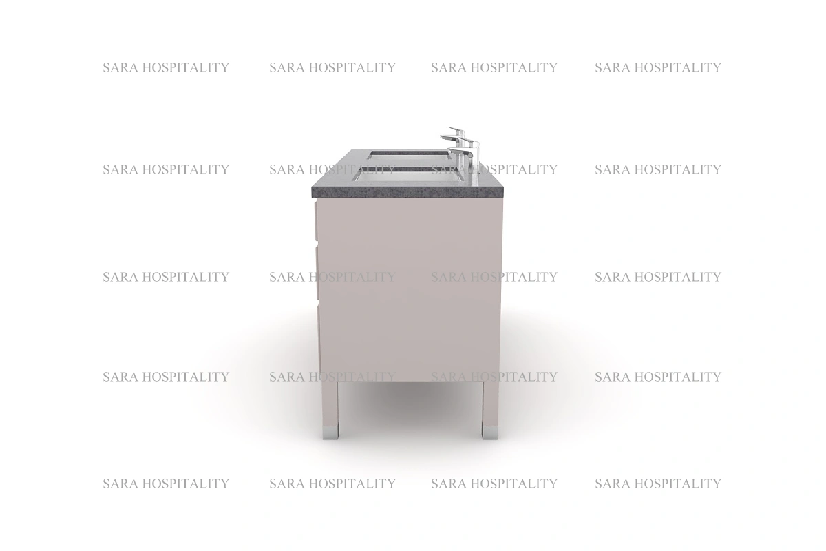 Minimalist dual-basin vanity top offering an expansive workspace and a crisp, geometric profile for modern master baths