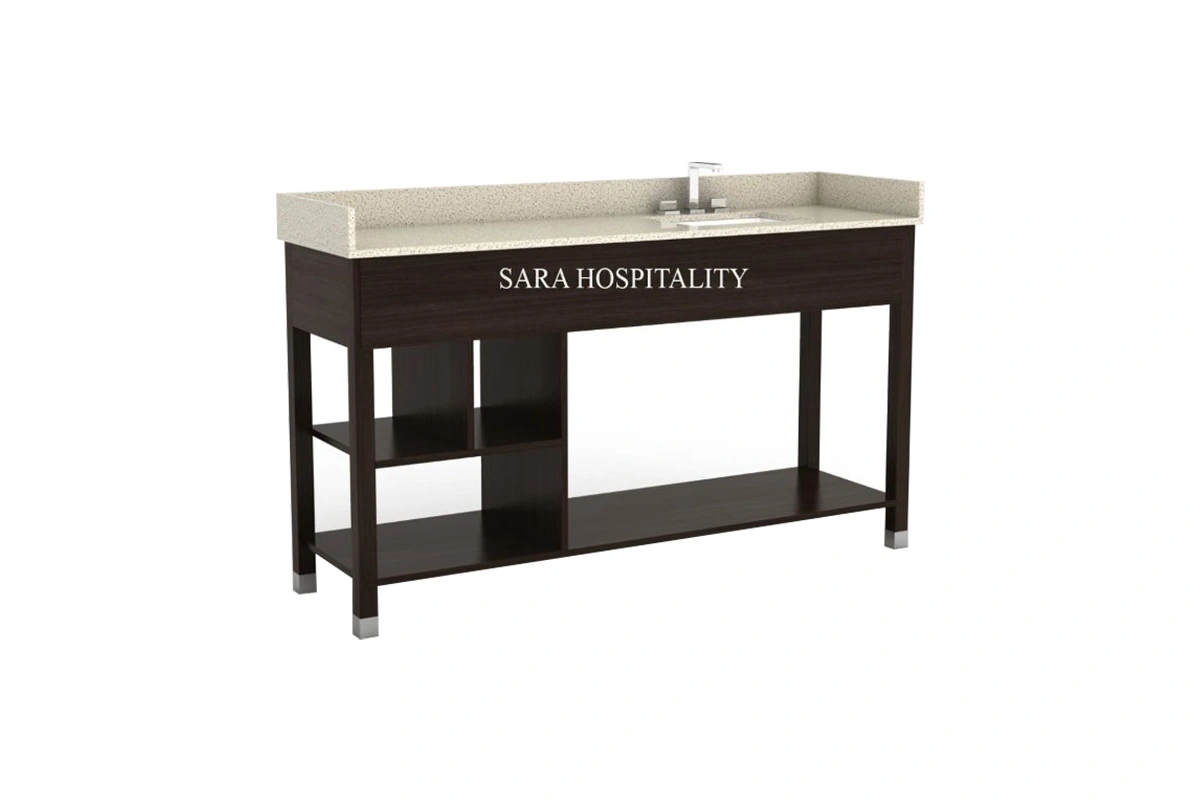 Modern open leg vanity top featuring an integrated solid-surface basin and a clean-lined structural metal or wood leg framework for a light, architectural feel