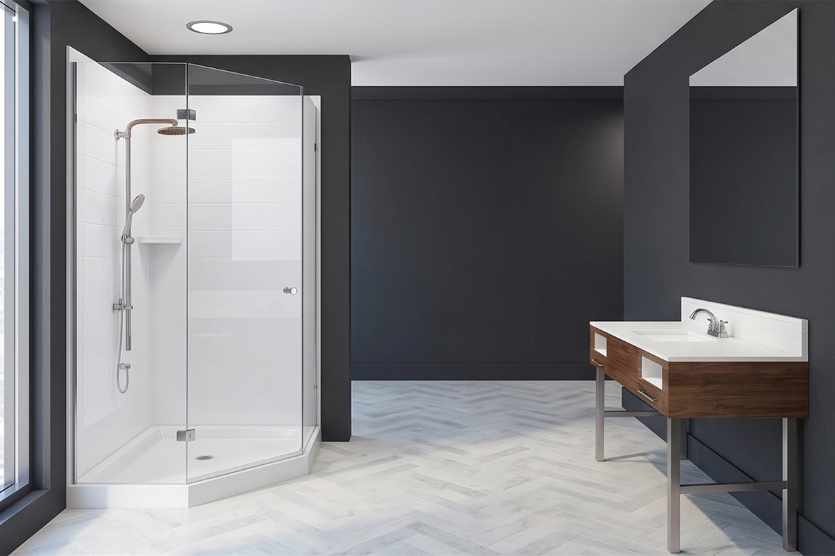 Sleek architectural divider surround showcasing grout-free, water-tight panels that turn a privacy partition into a fully functional shower zone