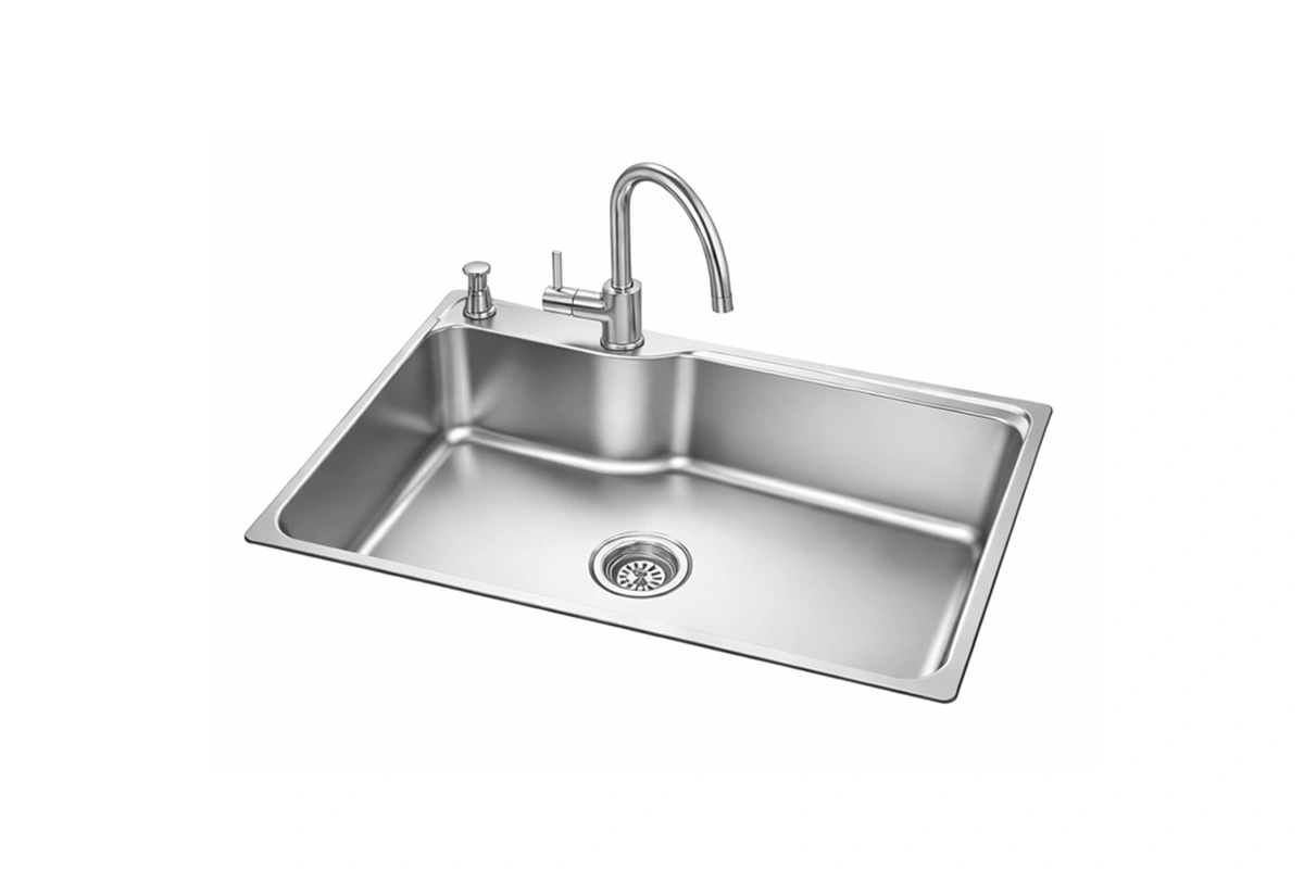 Sleek stainless steel kitchen basin with a geometric, sloped floor and a large, deep single compartment