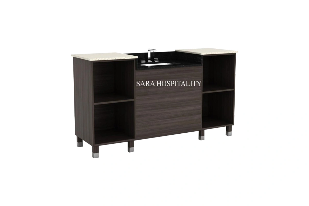 Modern wide cabinet vanity featuring an integrated solid-surface basin and an expansive, multi-door enclosed storage base