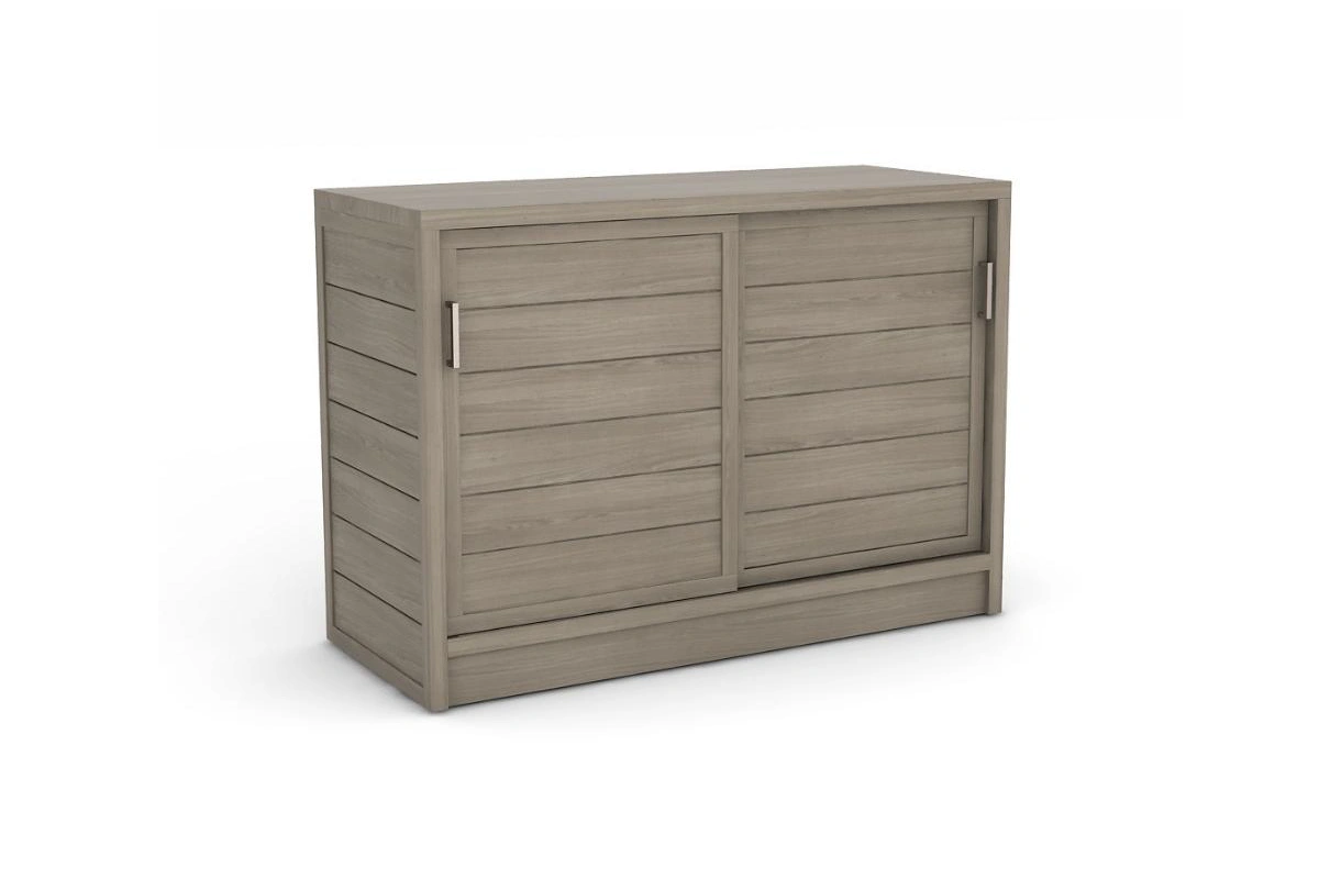 Modern slatted gray wash storage cabinet featuring rustic wood plank doors and compact side storage