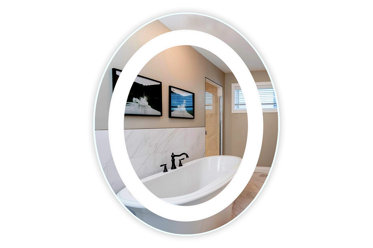 Modern round LED vanity mirror with backlit glow for hotel bathrooms