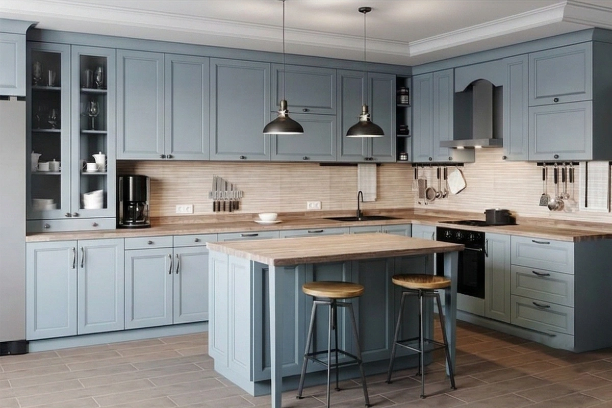 Minimalist three-wall cabinetry system featuring flush-front panels and a uniform, high-quality finish that optimizes corner storage