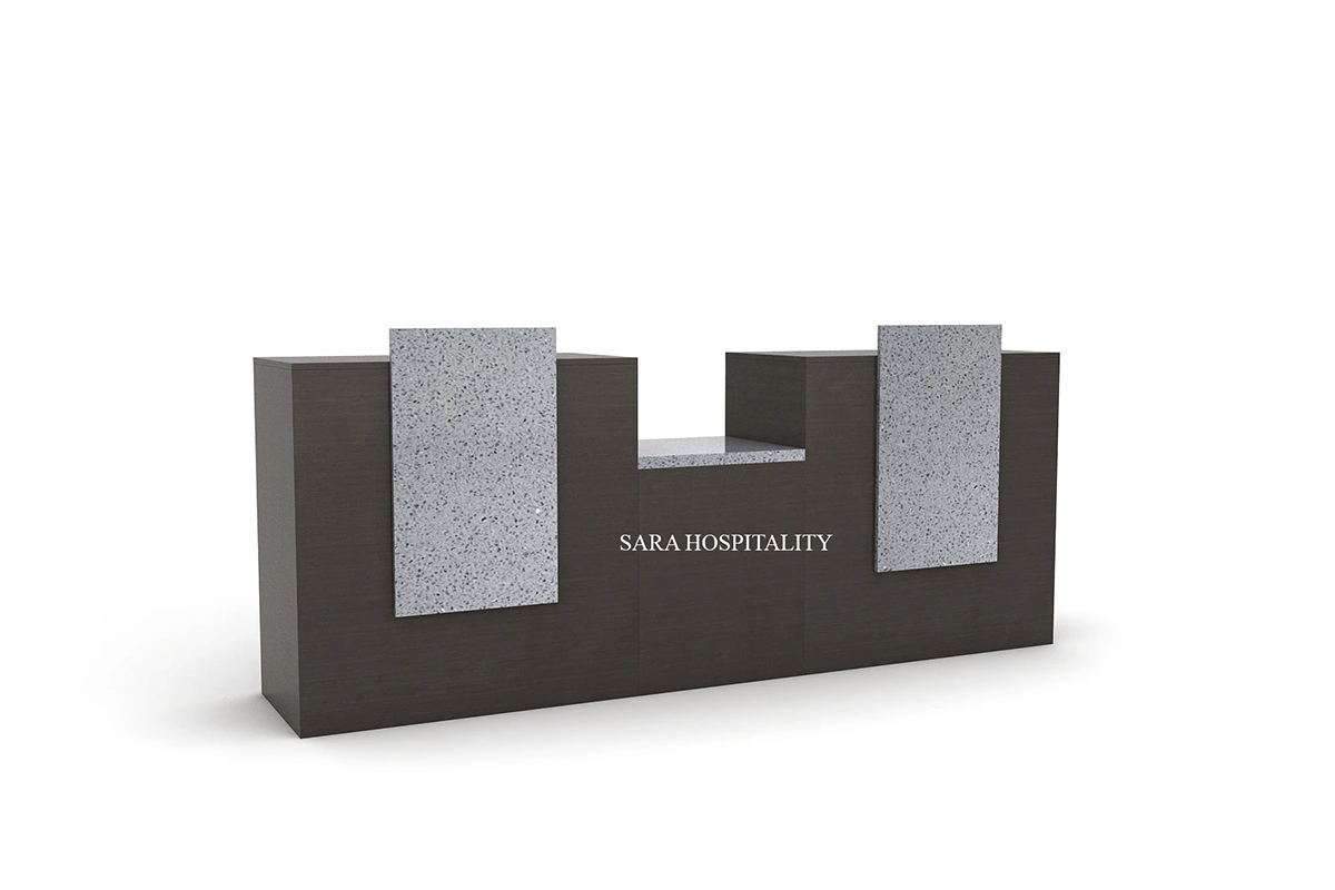 Modern dual-panel reception desk featuring high-density commercial construction with twin layered front panels to create dynamic architectural depth