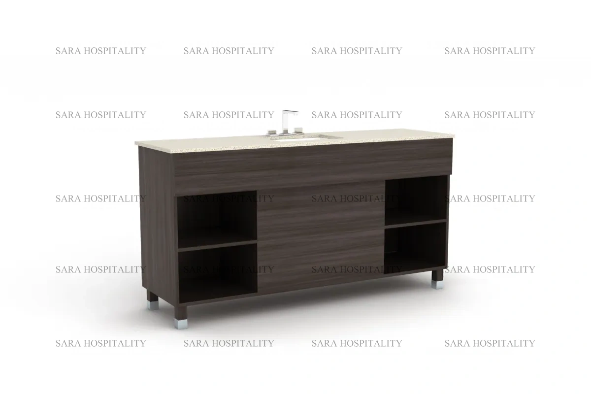 Sleek minimal storage vanity base for contemporary hotel guest bathrooms