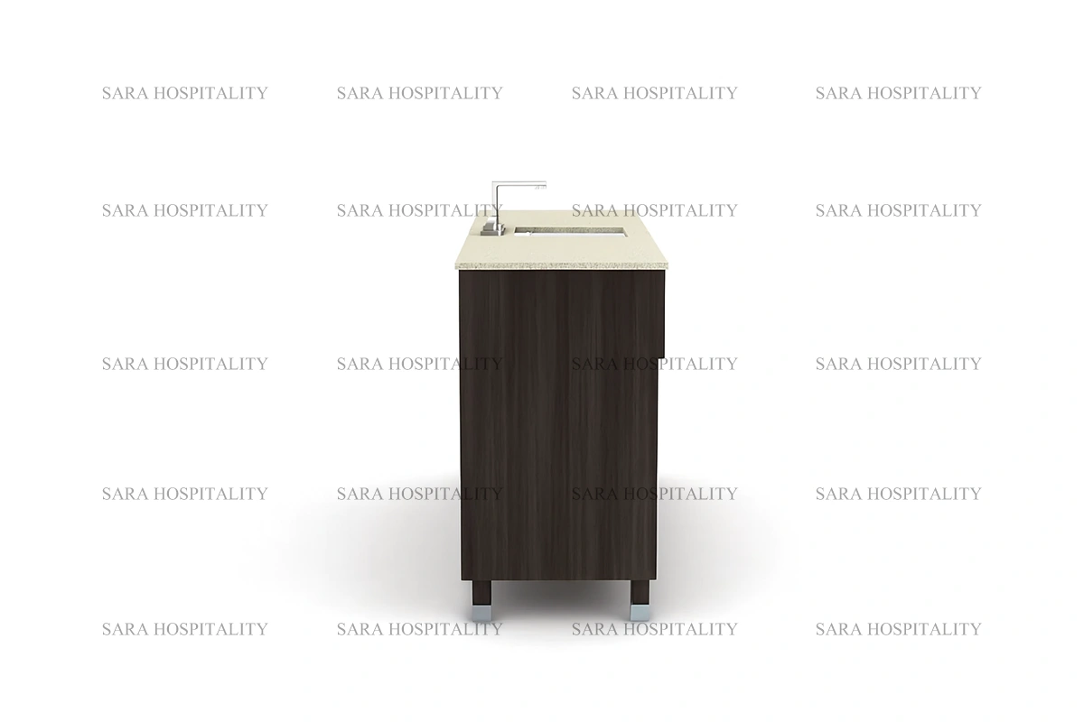 Space-saving minimal storage vanity unit in a professional hospitality finish