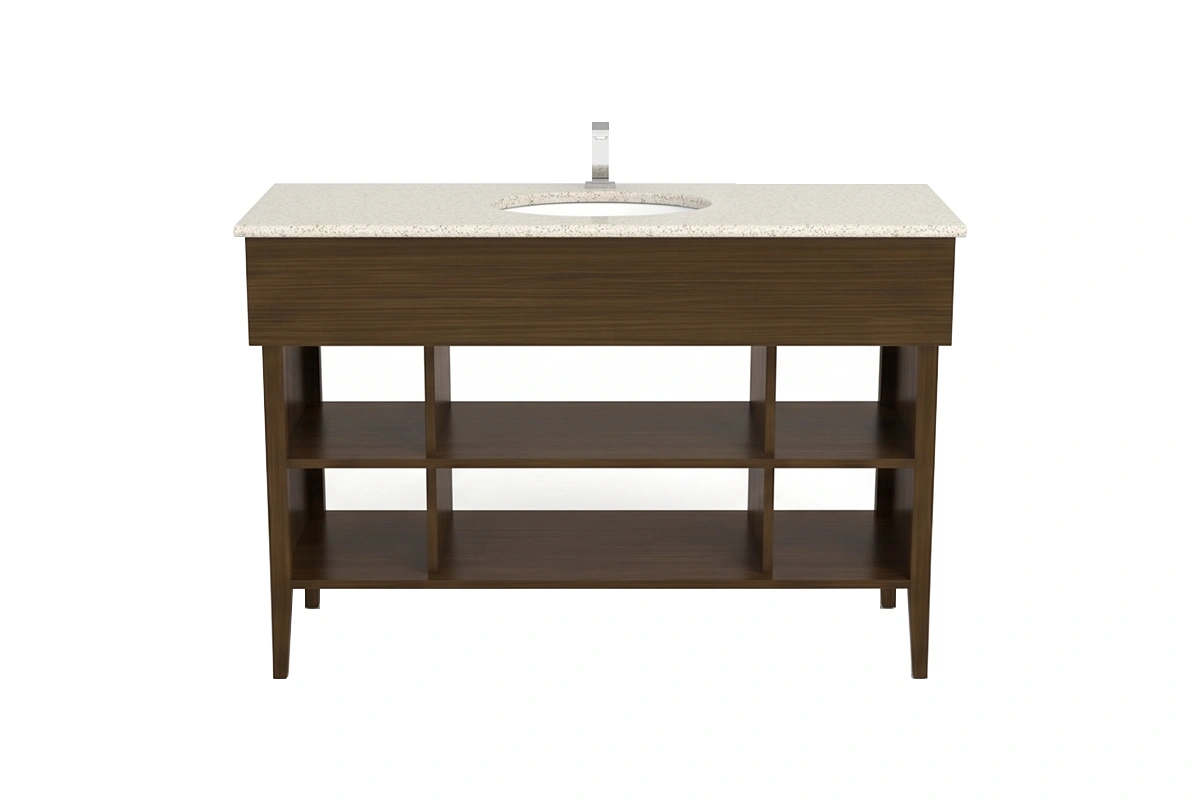 Sleek multi-tier bathroom vanity showcasing dual parallel open shelves and a refined, minimalist silhouette for a spacious, hotel-inspired look.