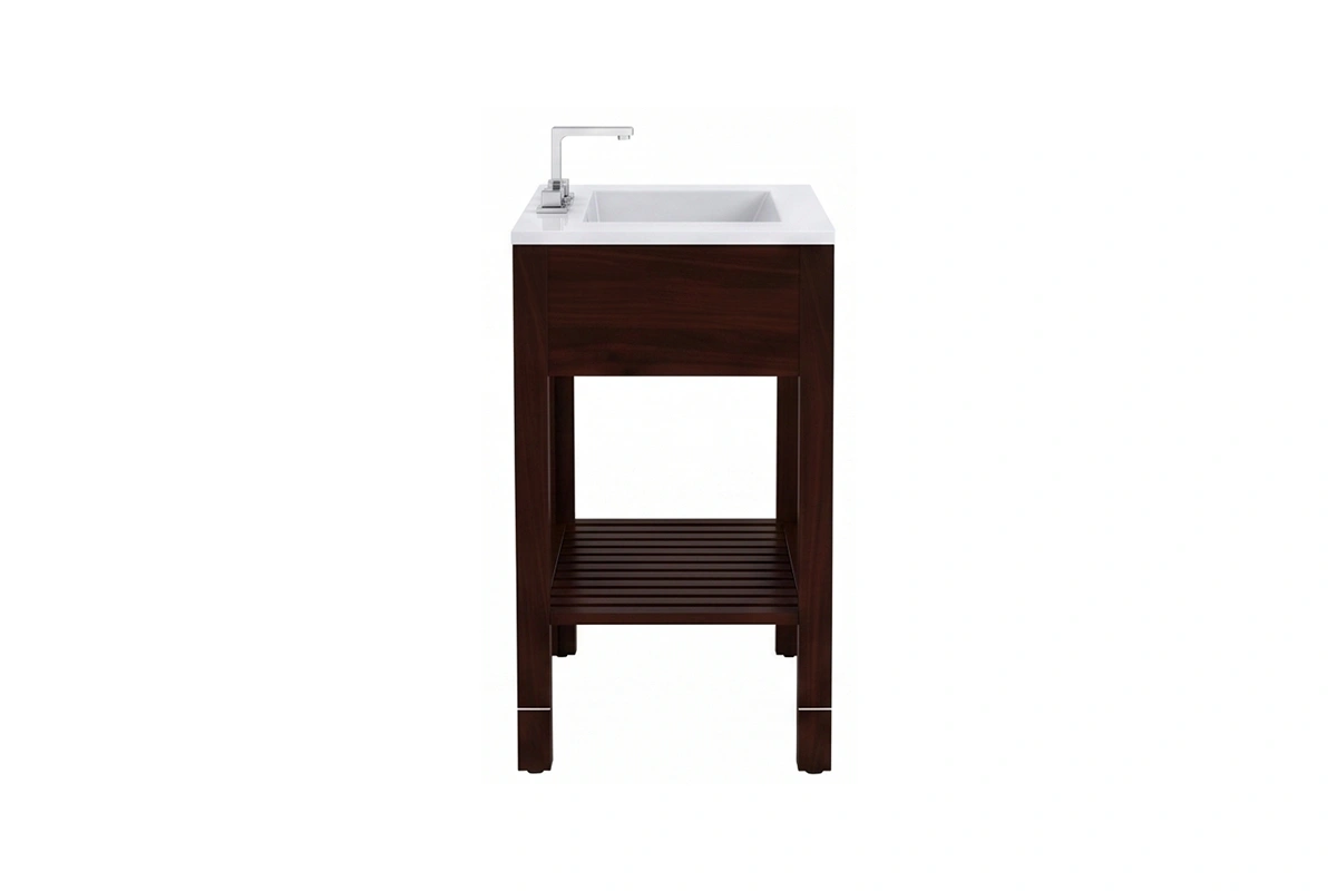 Contemporary lattice-base vanity counter with a sturdy, monolithic top and an exposed mesh-patterned lower deck that maximizes airflow and visual depth