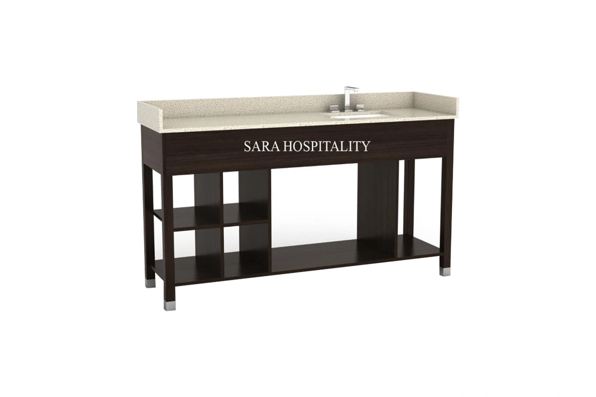 Modern open frame vanity featuring an integrated solid-surface basin and a structural, hollowed base design