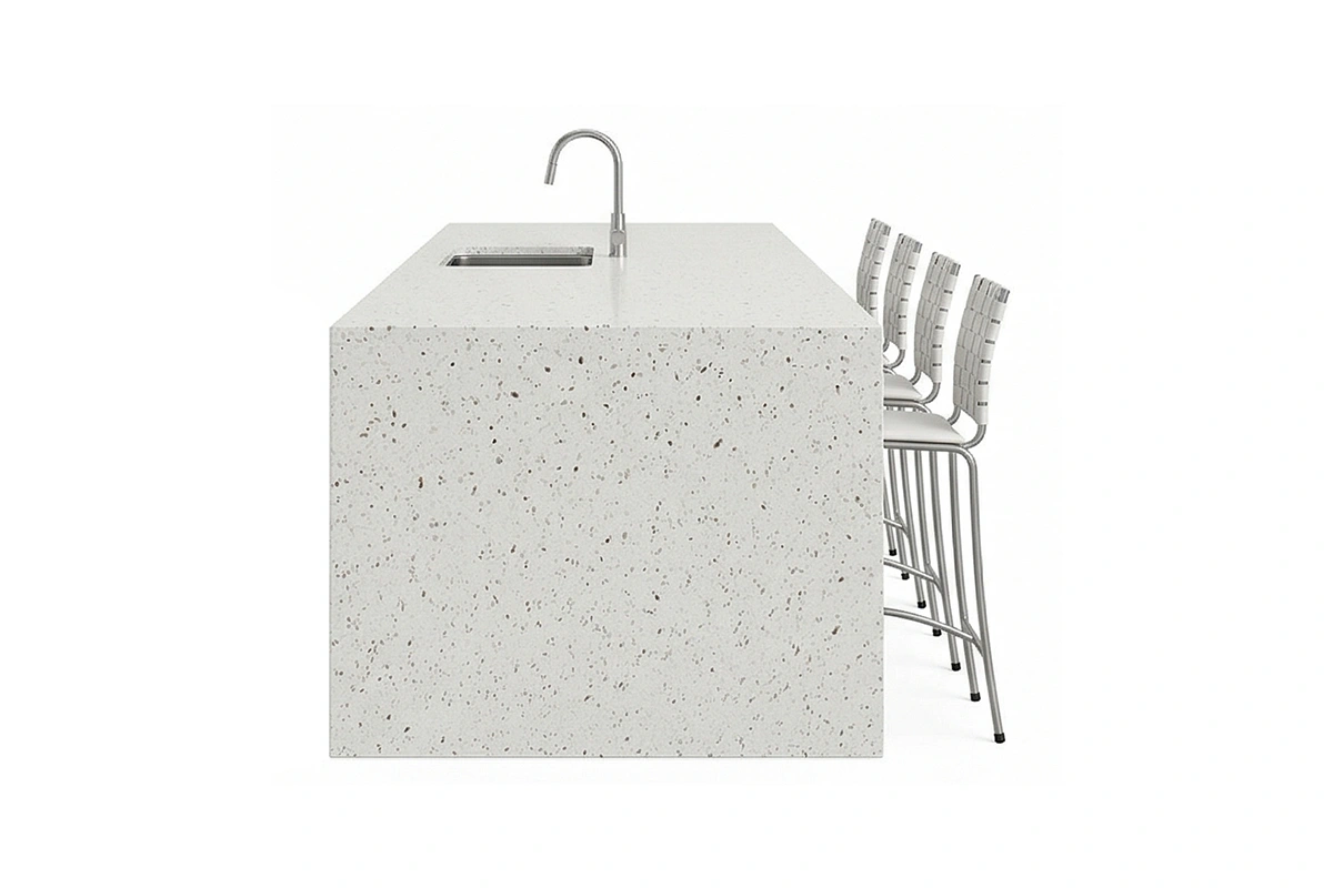 Contemporary stepped island countertop with a raised breakfast bar and a sturdy, monolithic profile for a dynamic kitchen layout
