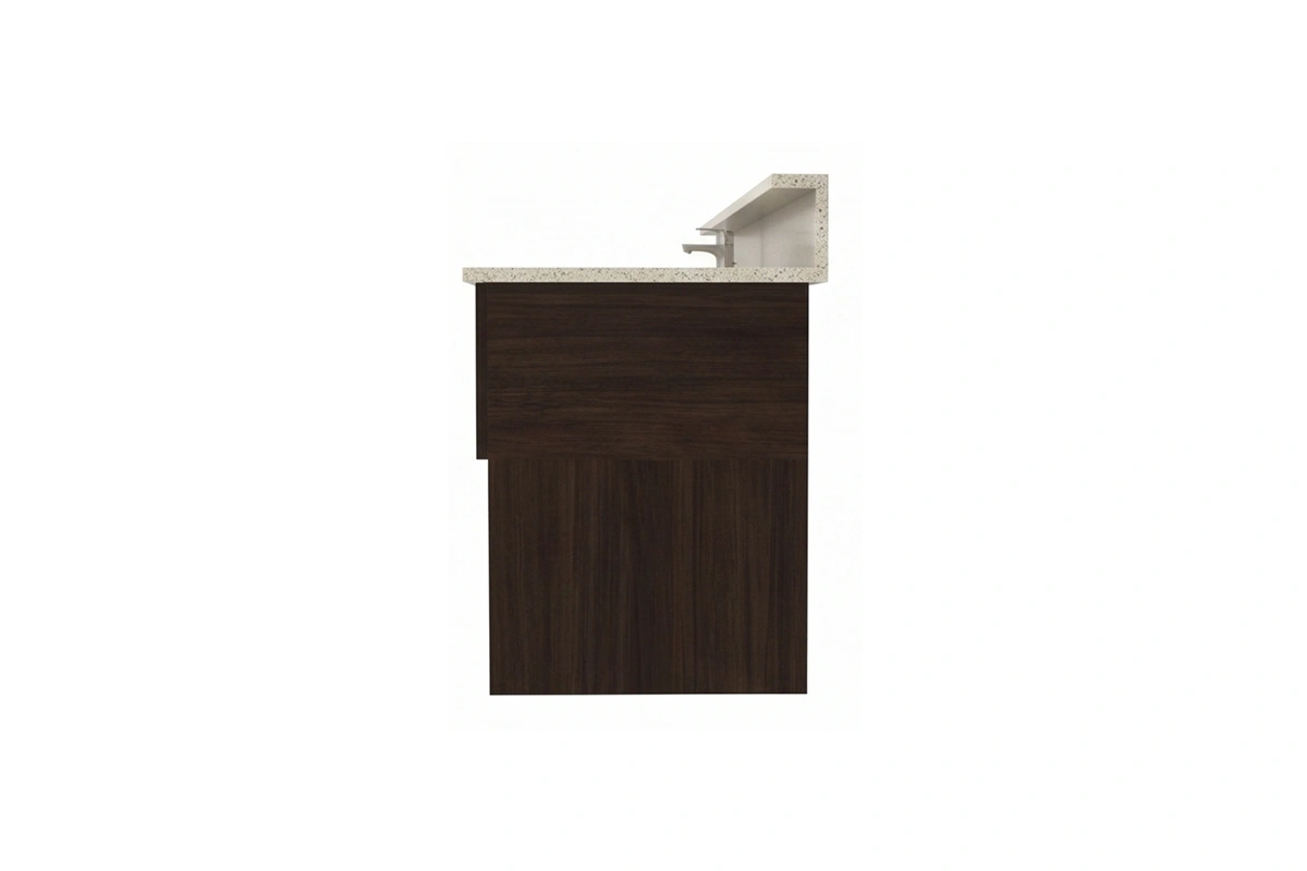 Minimalist wall-mounted vanity station featuring a low-profile frame and an uninterrupted visual flow that keeps compact layouts feeling open and airy