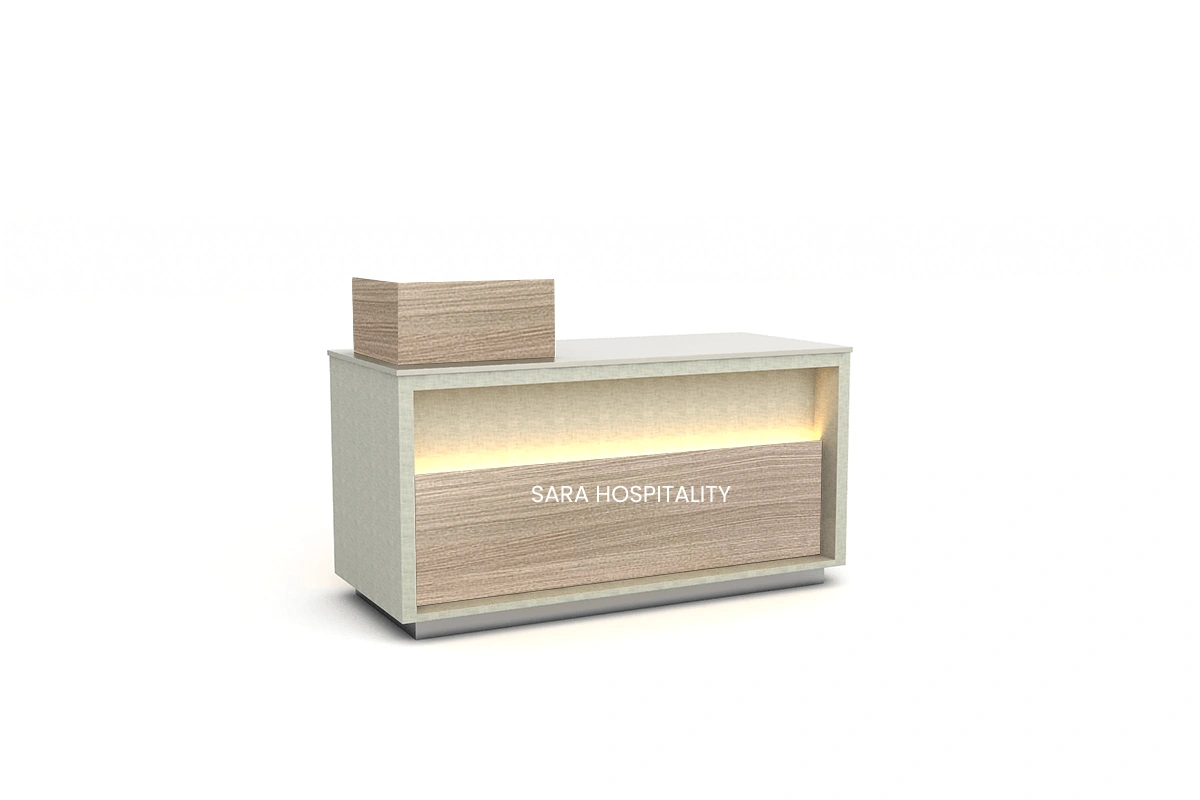 Contemporary streamlined front desk with a sturdy monolithic base, offering an efficient single-operator workspace without sacrificing guest privacy