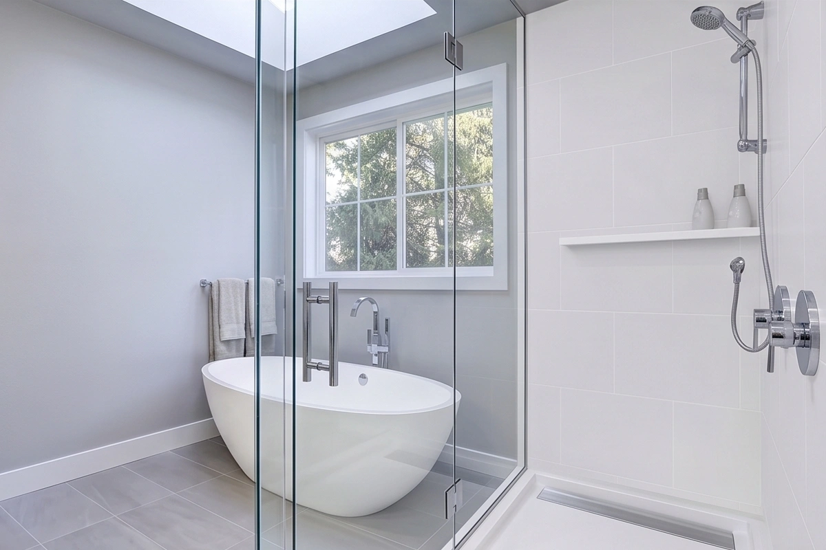 Sleek architectural tub surround showcasing a waterproof, grout-free accent wall tailored for exposed bath and shower setups