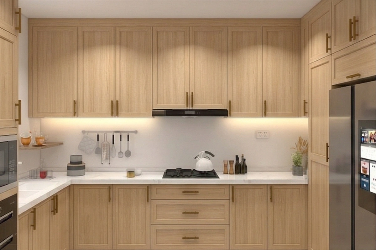 Sleek wall-mounted cabinetry showcasing a seamless, flush-front facade and a refined, high-quality finish for an airy kitchen feel