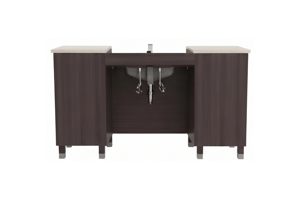 Contemporary extended cabinet vanity with a sturdy, monolithic counter surface and hardware-free cabinet fronts