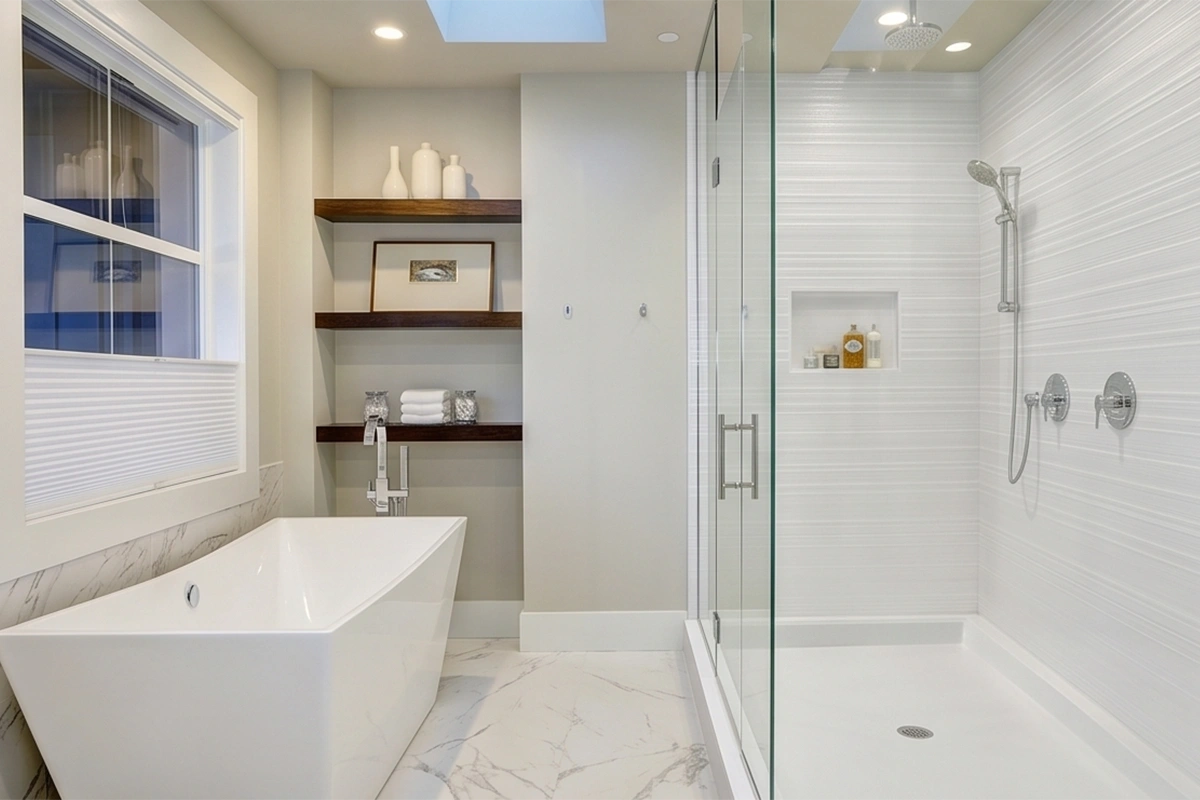 Contemporary dual-wall shower unit with sturdy monolithic panels engineered to provide high-impact moisture protection for intersecting walls
