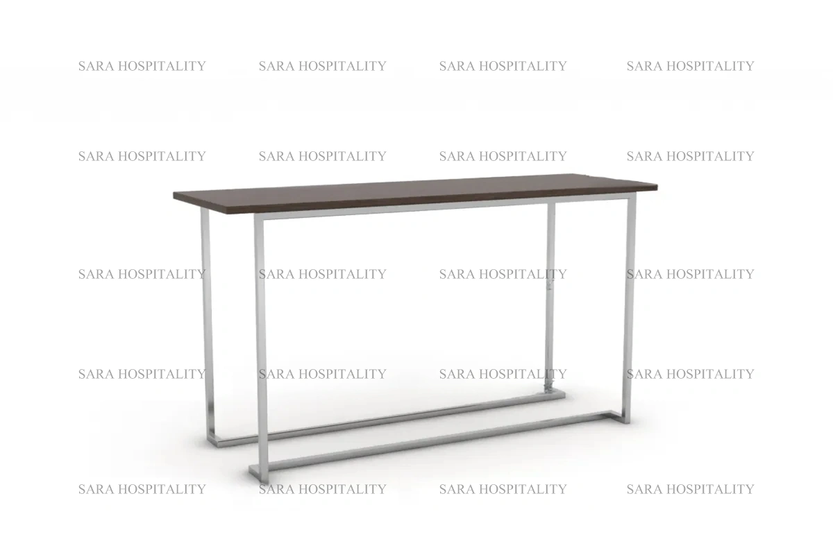 Sleek minimalist console showcasing a refined, shallow silhouette with architectural metal legs