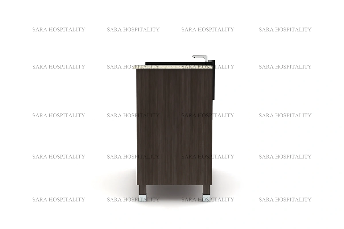 Space-efficient side cabinet vanity unit in a professional hospitality wood finish