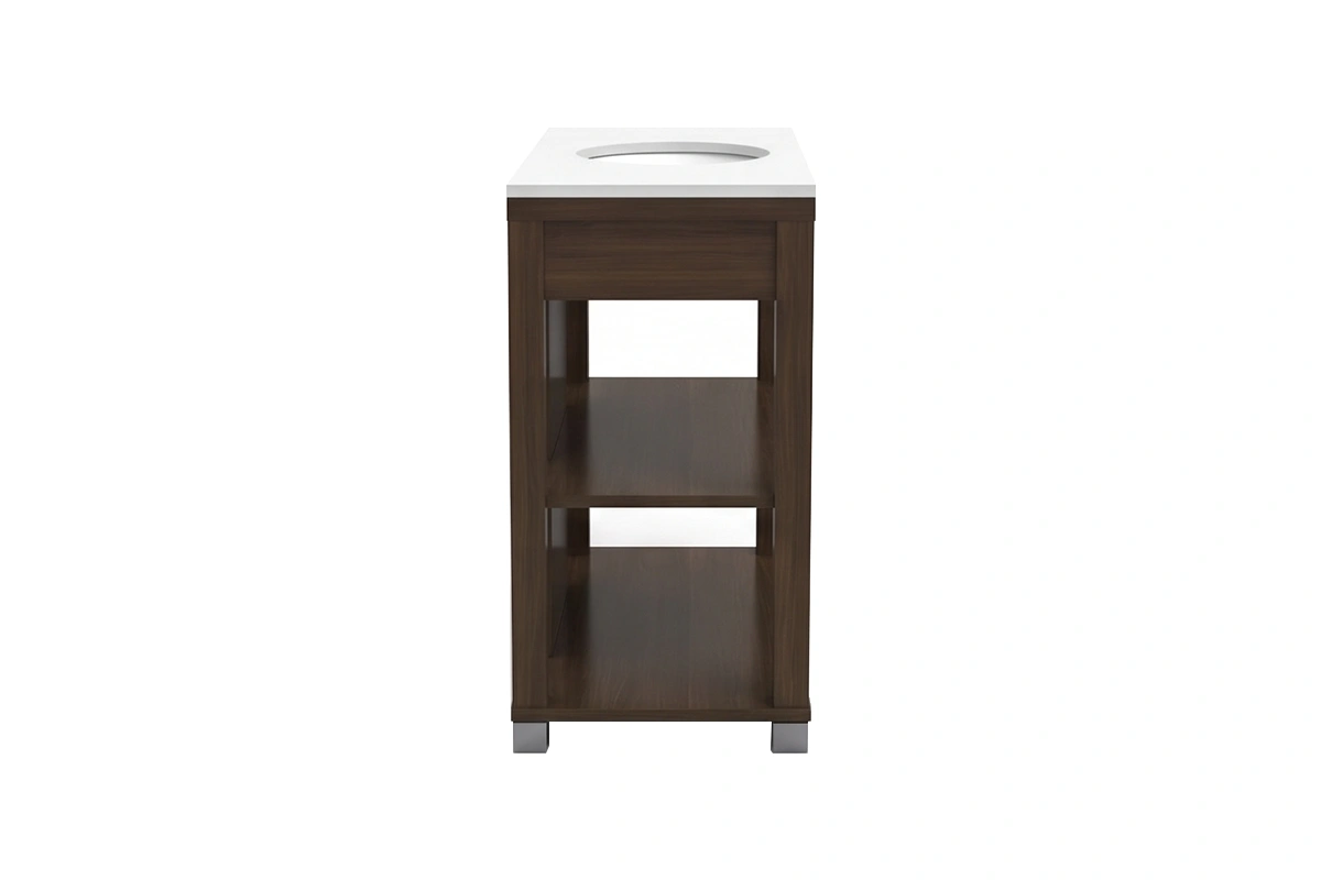 Minimalist architectural vanity station offering an exposed grid-style rack that keeps bathroom layouts feeling open