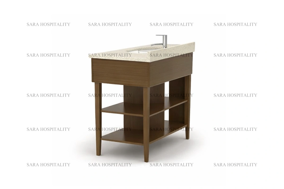 Sleek hospitality-grade dual shelf vanity unit in a professional wood finish