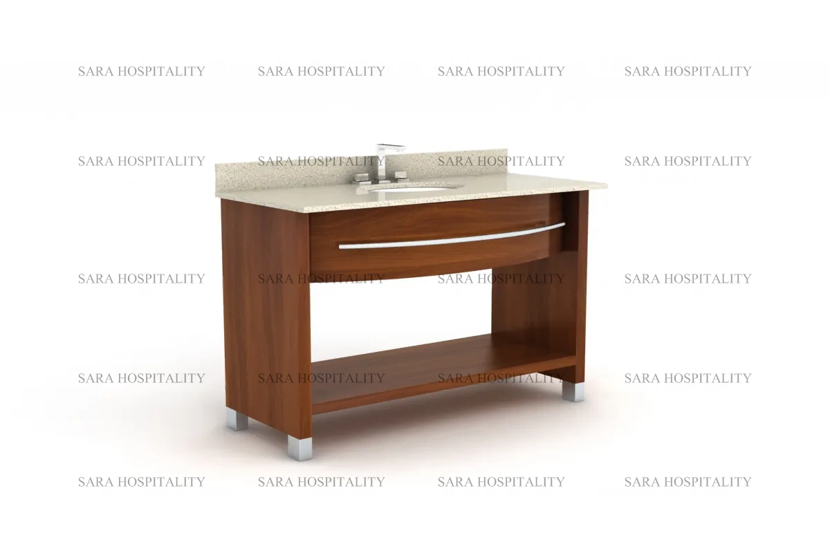 Elegant curved front vanity base with a smooth, contoured silhouette for hotel bathrooms