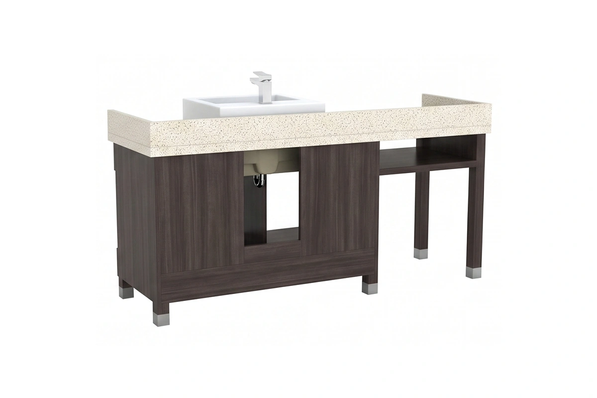 Contemporary single-sink vanity unit with a sturdy, monolithic top engineered for high-traffic layouts