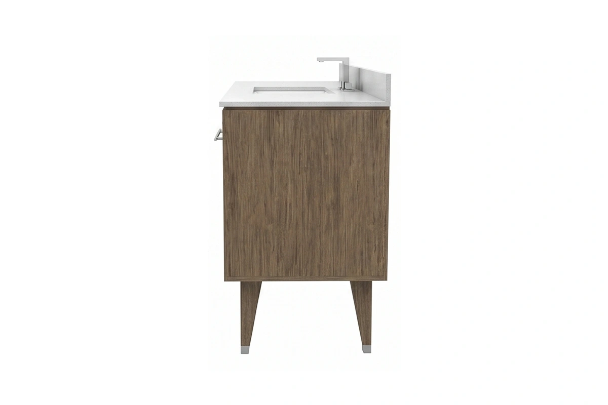 Minimalist textured vanity station offering a smooth upper counter contrasted by a high-end, ridged front surface