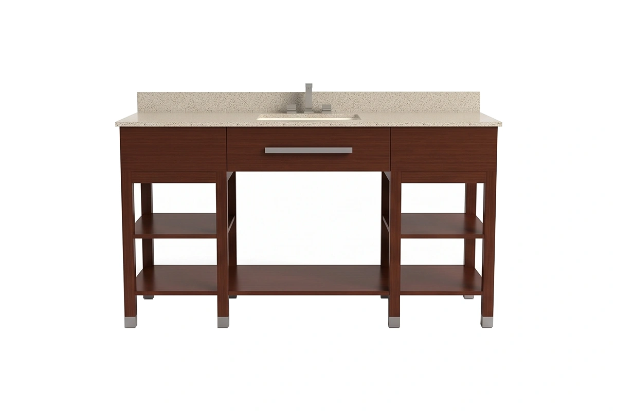 Sleek hotel-style vanity unit showcasing a parallel wooden or metal slatted shelf and a refined, minimalist silhouette for a spa-like aesthetic