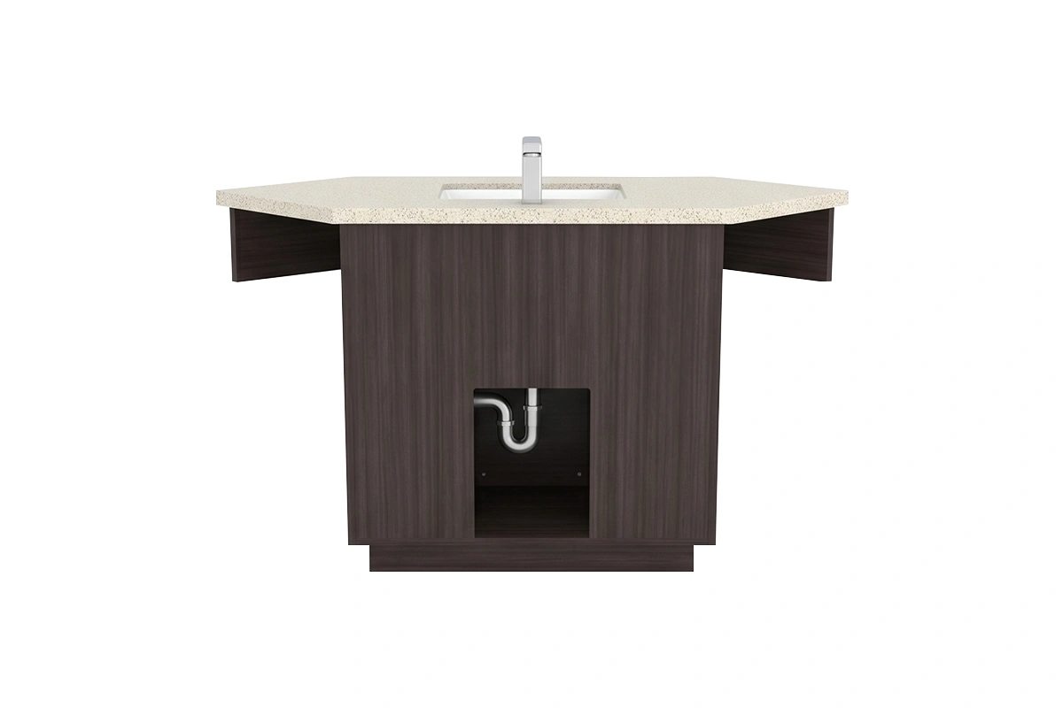 Contemporary small-footprint corner unit with a sturdy solid-surface top and a flush-fitting triangular design tailored for high-traffic powder rooms and hospitality suites