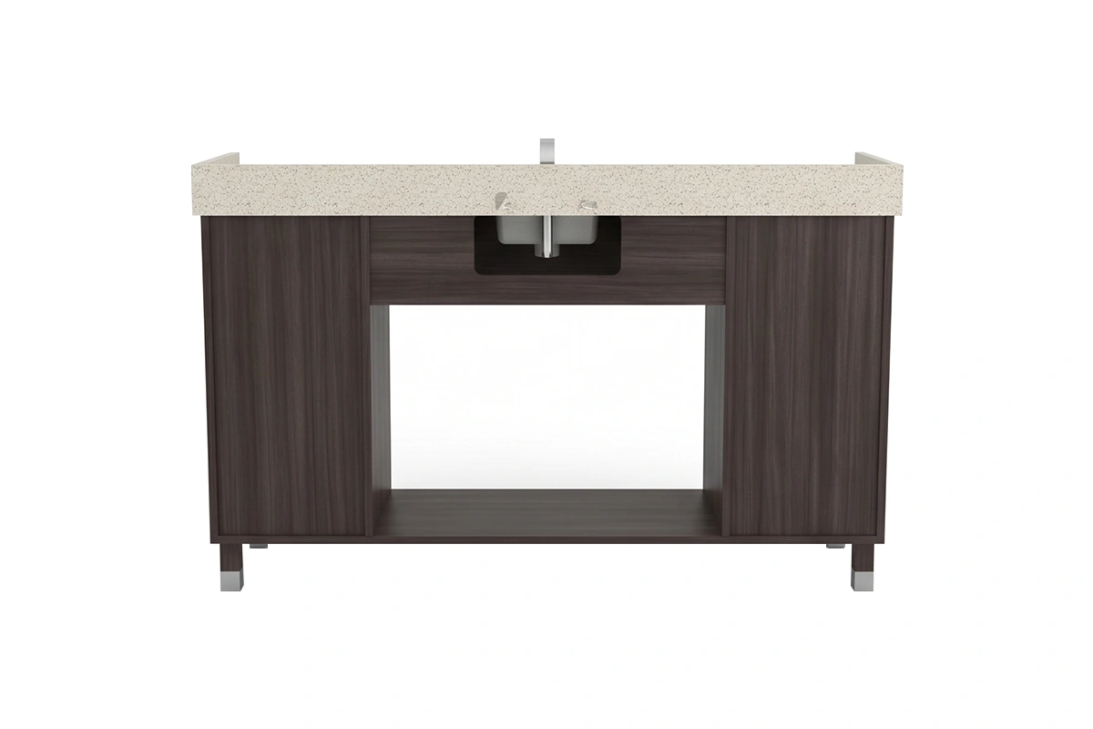 Minimalist geometric vanity station featuring a low-profile counter surface and an uninterrupted visual flow across its premium two-compartment front panel