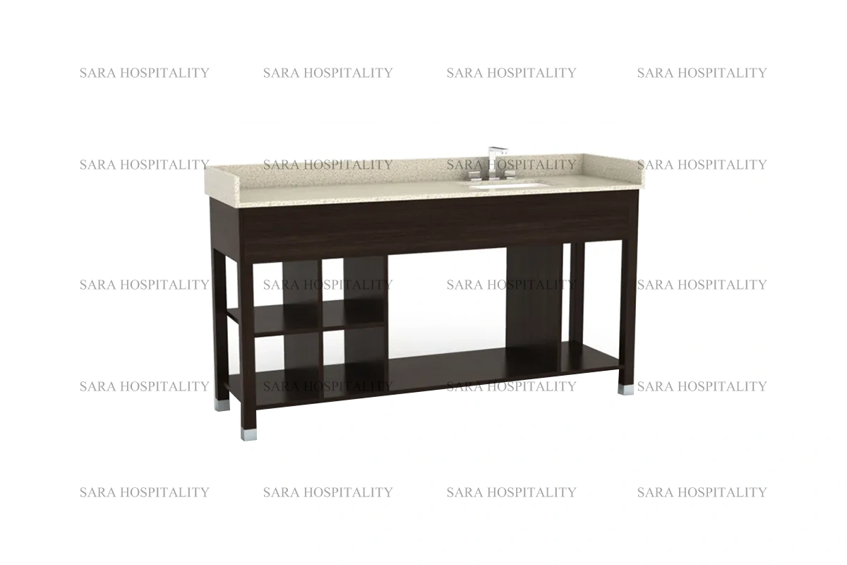 Modern grid frame vanity base with industrial-inspired open shelving for hotel bathrooms