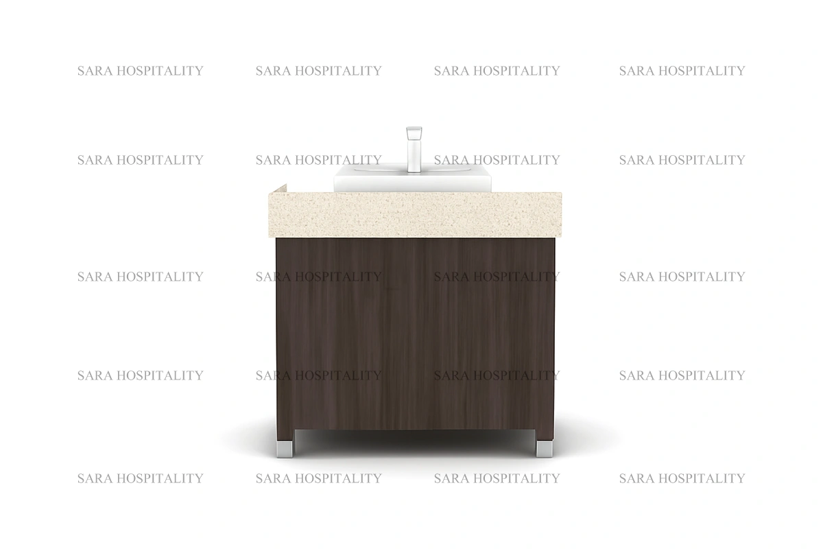 Contemporary wide storage vanity base designed for high-end boutique hotel suites