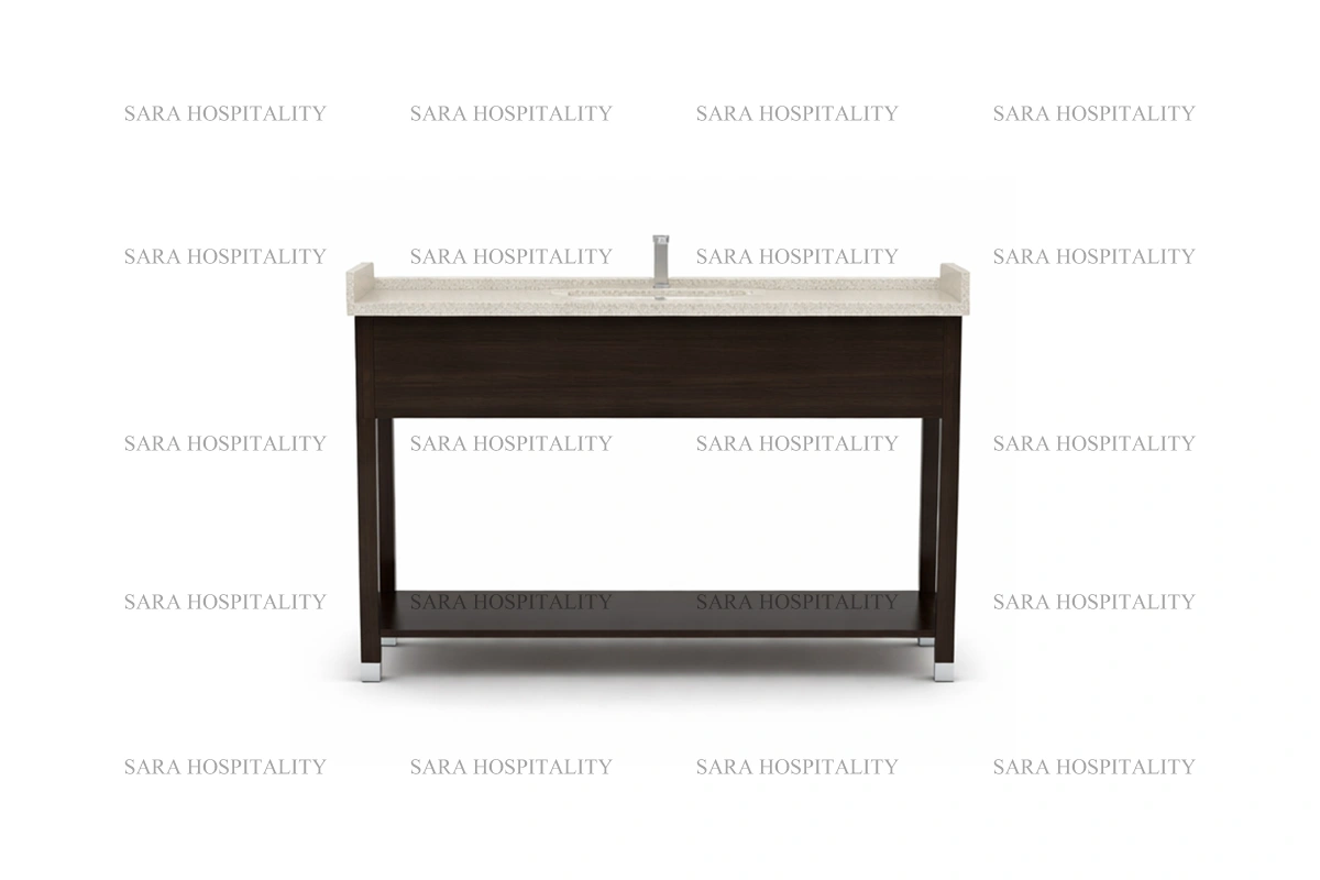 Sturdy symmetrical shelf vanity base for organized and accessible resort bathroom storage