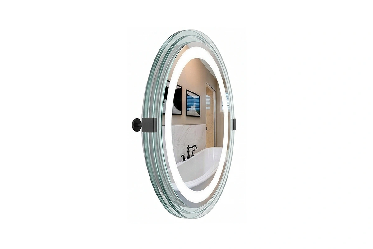 Hospitality-grade circular lighted mirror for boutique guest suites