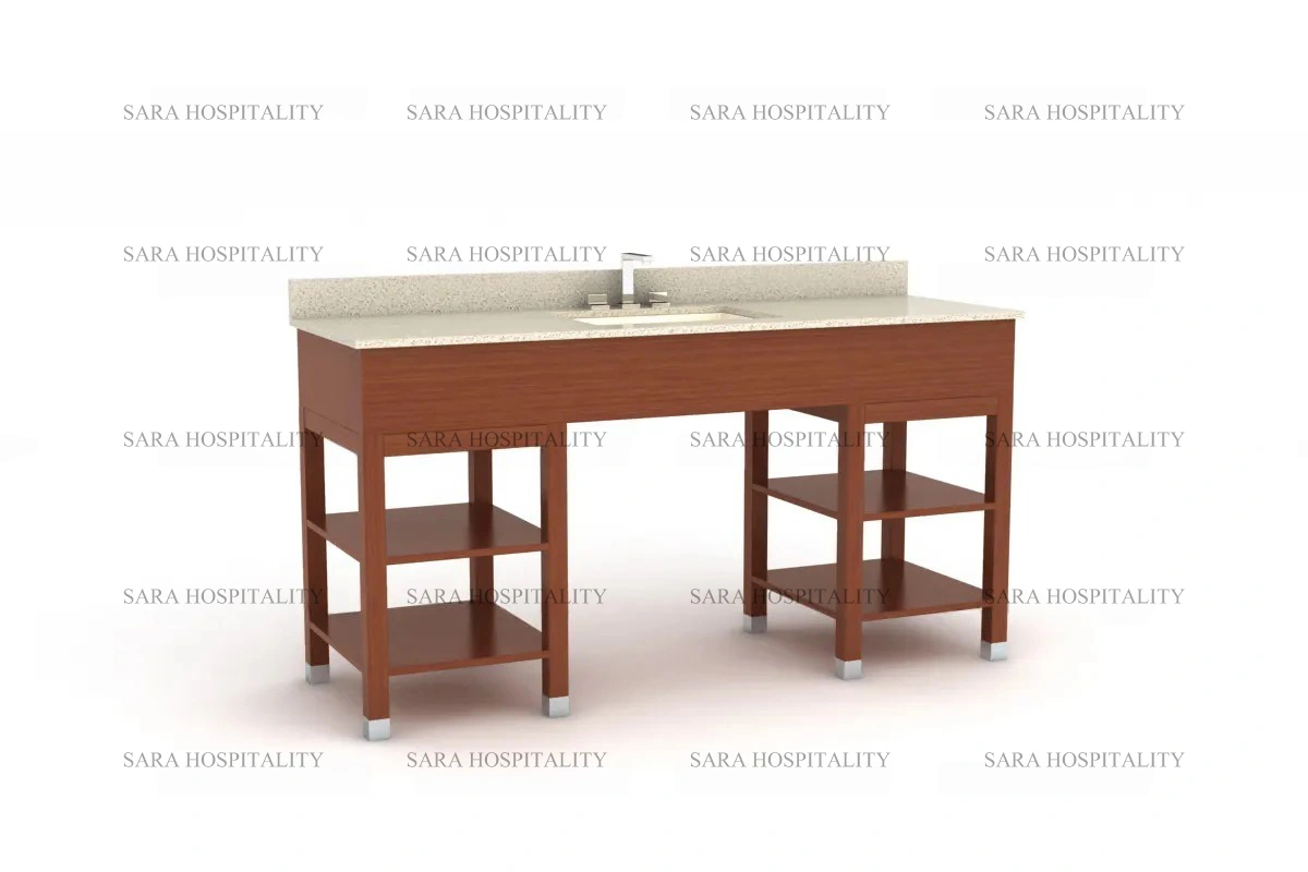 Modern double sink frame vanity base with an open-concept design for hotel guest rooms