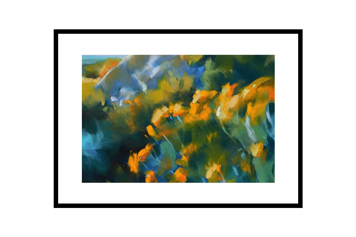 Vibrant abstract painting with expressive, sweeping brushstrokes forming stylized floral shapes
