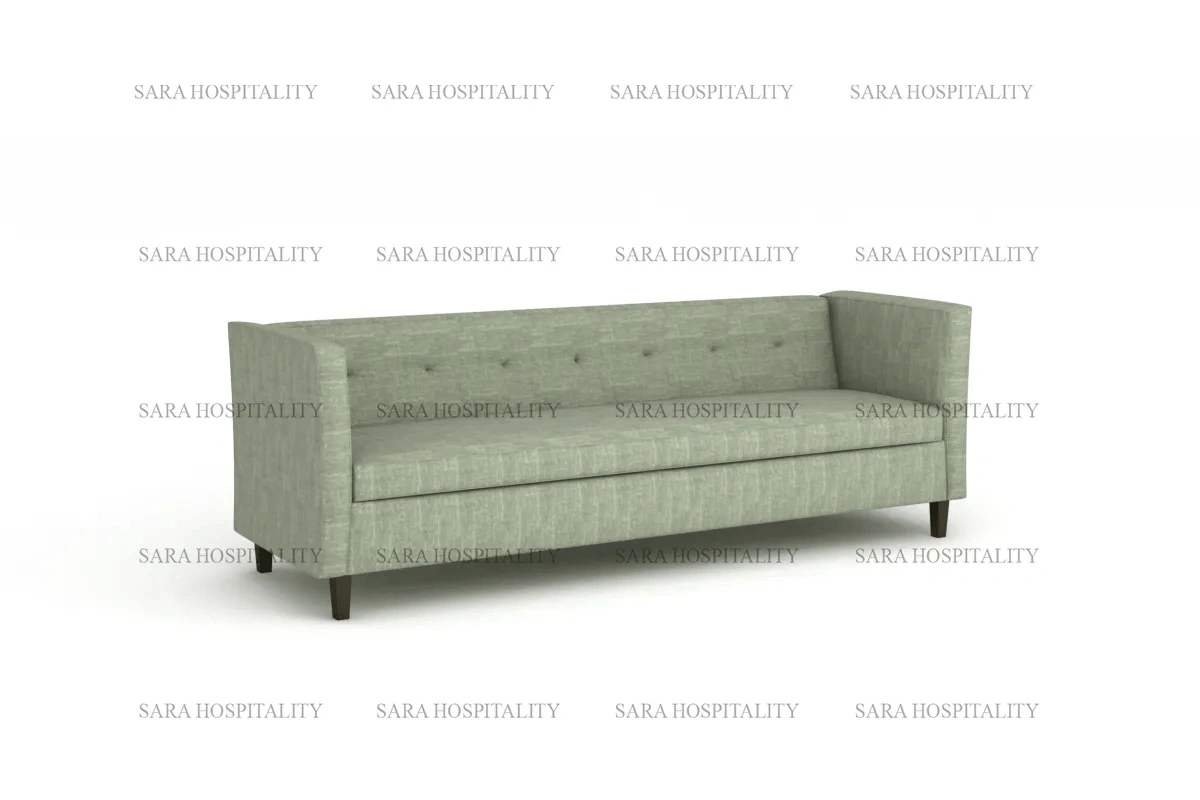 Sophisticated lounge sofa with plush cushioning and symmetrical button accents in a neutral fabric finish