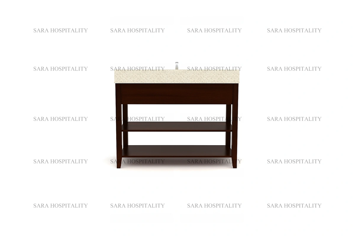Contemporary hospitality-grade slatted shelf vanity base for airy and bright ensuites
