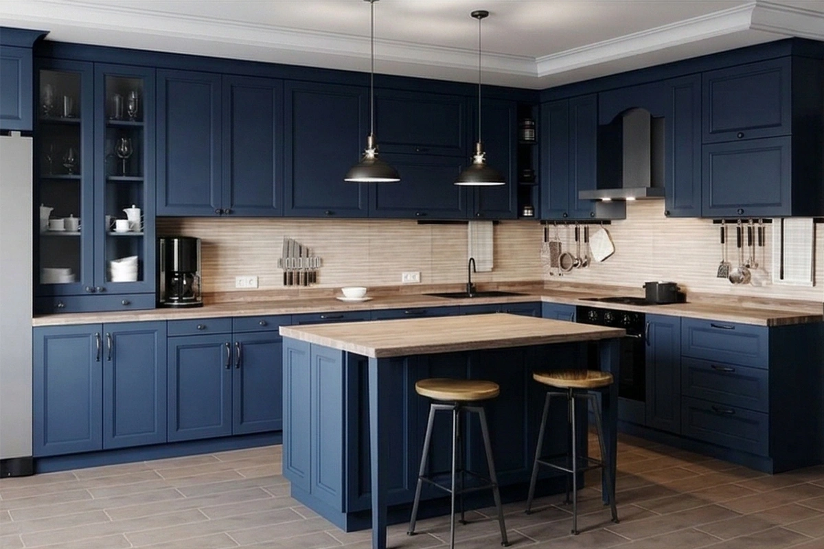 Contemporary U-shaped unit with clean-lined, handle-free doors and an expansive countertop surface for maximum prep area