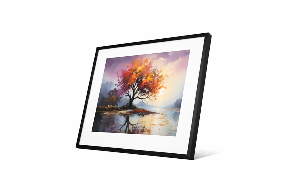 Cinematic landscape wall art depicting a lush forest under a soft, golden sky