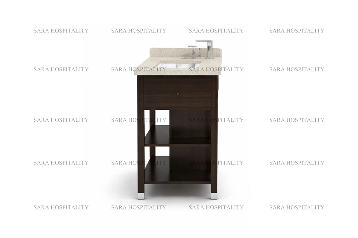 Contemporary symmetrical shelf vanity base designed for luxury boutique hotel ensuites