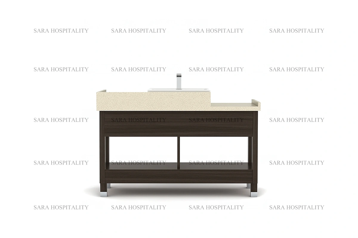 Contemporary dual basin vanity base designed for high-traffic resort guest rooms